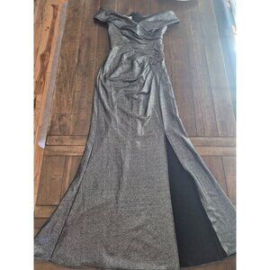 Oleg Cassini Gunmetal Off-Shoulder Gown With Beaded Accent & Side Slit - Size 4